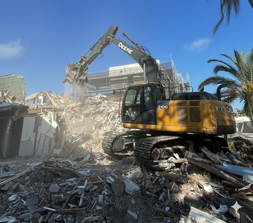 Residential demolition equipment removing an old structure